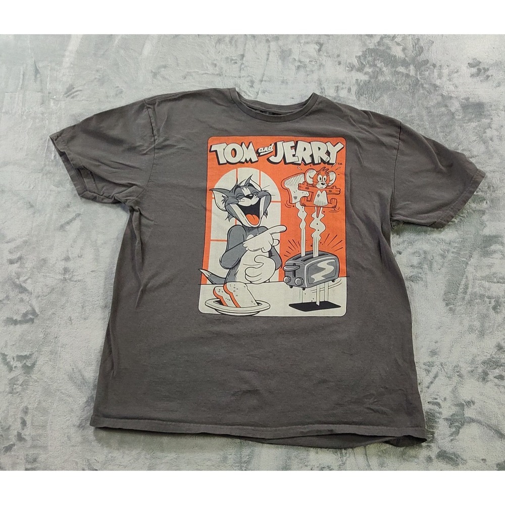 Tom and Jerry Toaster Graphic T-Shirt XL Gray Cartoon Funny Vintage Characters